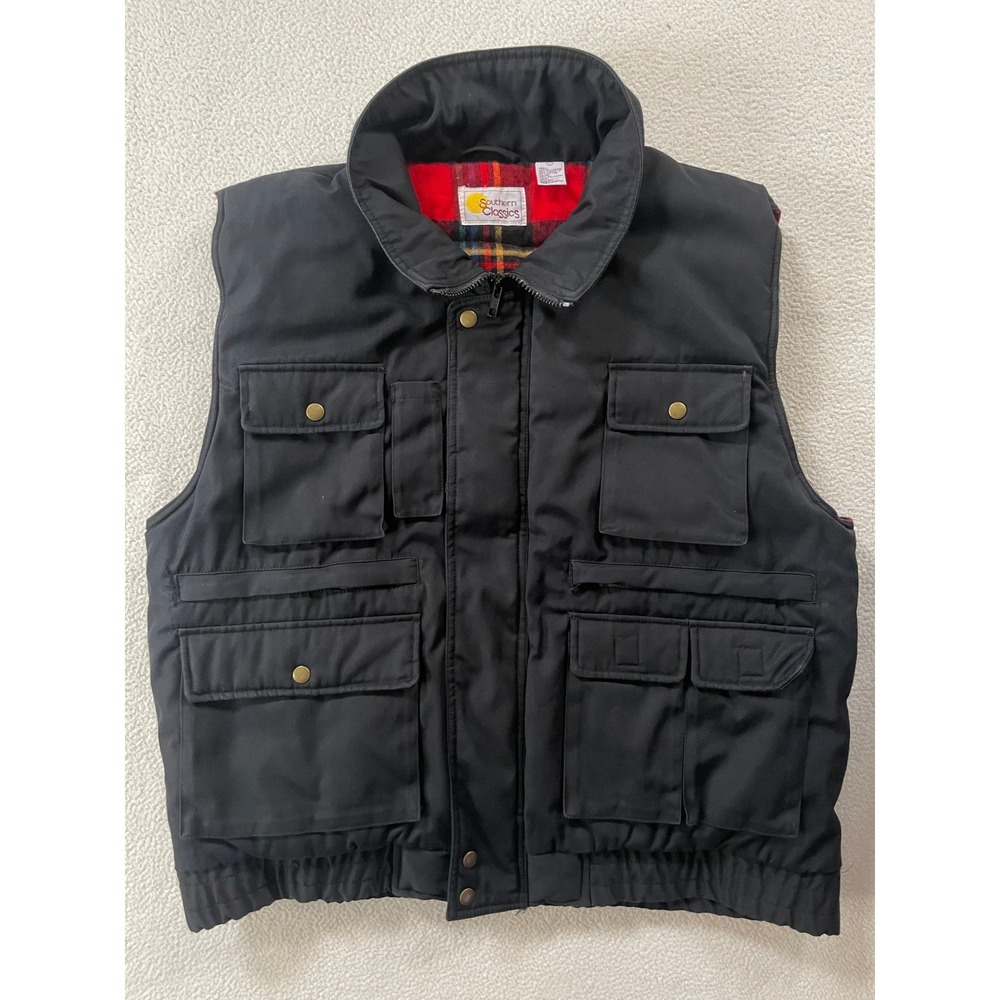90's Southern Classics Mens Large Insulated Vest Black Plaid Flannel Lined Cargo